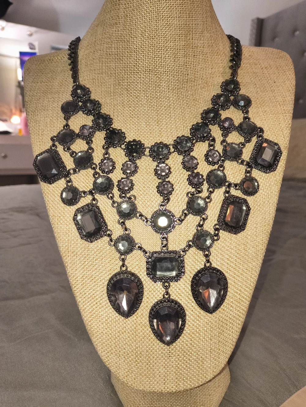 Dramatic Black Gunmetal Crystal Statement Bib Necklace • Gothic Glam • Layered